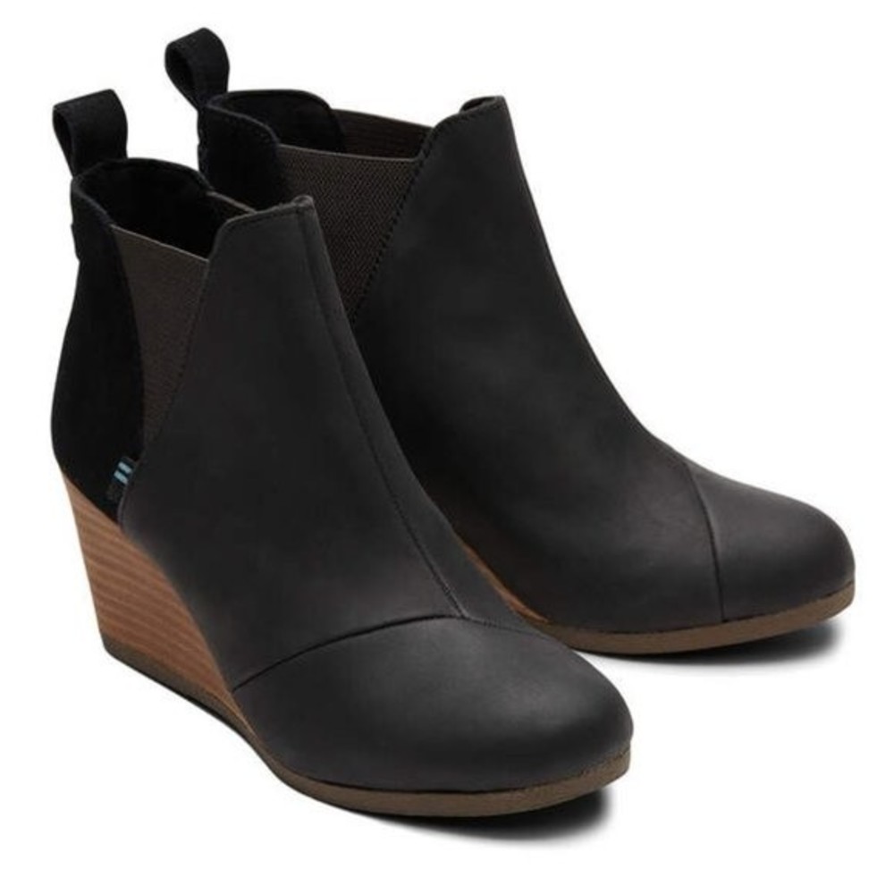 Toms Women's Kelsey Black Leather & Suede Combination Wedge Ankle Boots 6.5 NEW